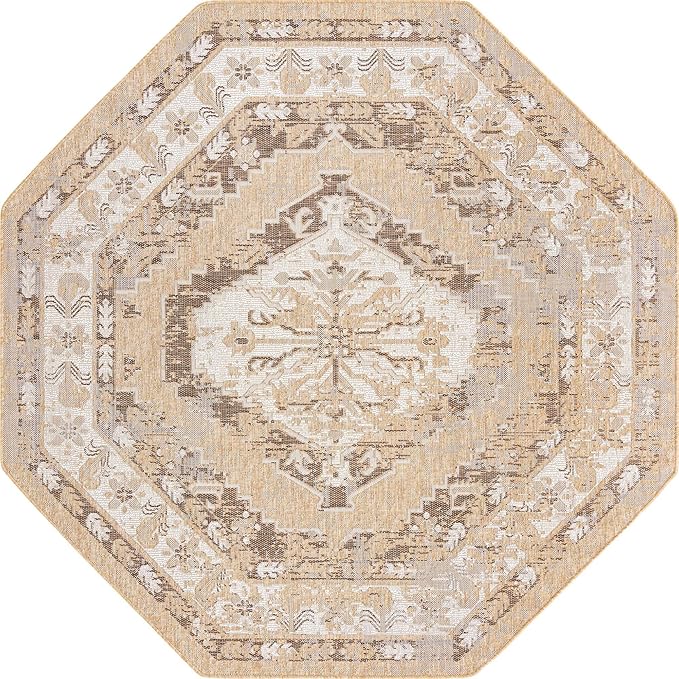 Unique Loom Outdoor Traditional Collection Area Rug - Valeria (7' 10" Octagon, Natural/ Ivory)