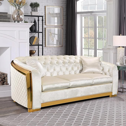 KEIKI 81" Luxury Oversized Velvet Chesterfield Sofa with Gold Stainless Decoration, Mid-Century Style 3-Seater Couch with Tufted Back and Rolled Arms, Easy Assembly, for Apartment, Living Room, Beige
