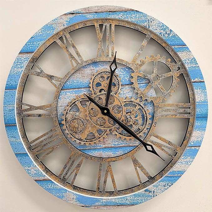 The Gears Clock The Original Real Moving Gear Wall Clock Vintage Industrial Oversized Rustic Farmhouse (24 inch (60cm), Vintage Ocean Blue and Bronze)