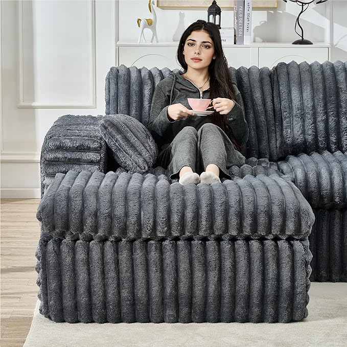 KEIKI 113'' Space-Saving Modular Sectional Sofa with Ottoman, Cloud-Like Ribbed Chenille Couch with Cup Holder & Storage Bag, Indoor Chaise Lounge Sofa Bed Alternative for Apartments & Modern Spaces