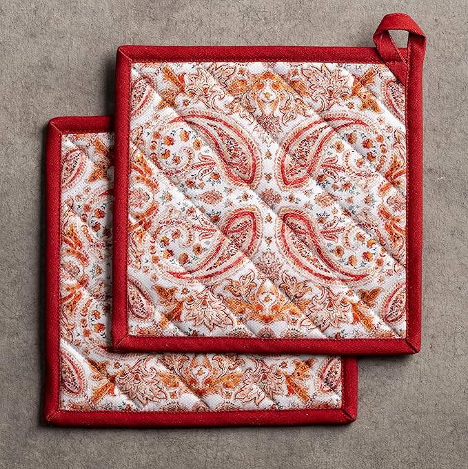 Maison d' Hermine Pot Holders Set 100% Cotton Heat Resistant Potholders 8" x 8" Hot Pads with Loop for Thanksgiving Christmas Decorations BBQ Cooking Baking Handling Hot Pans (Pack of 2, Orient)