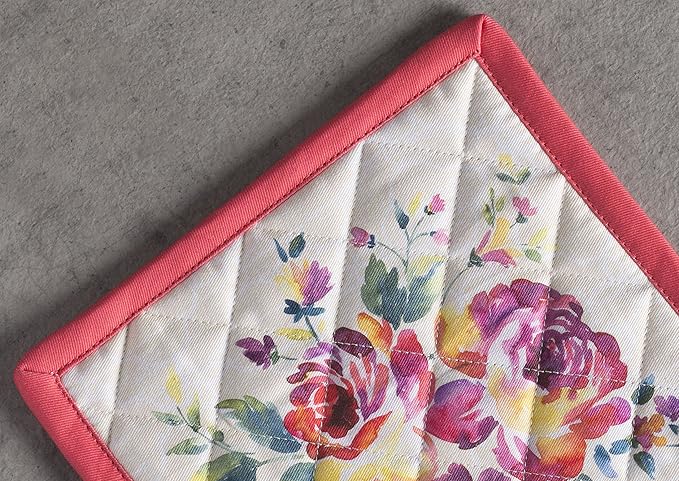 Maison d' Hermine Pot Holders 100% Cotton Heat Resistant Potholders 8" x 8" Hot Pads with Loop BBQ, Cooking, Baking, Grilling, Kitchen, Handling Hot Pans Spring/Summer (Pack of 1, Rose Garden)