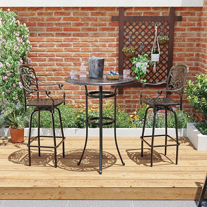 Pamapic 3-Piece Patio Swivel Bar Stools Set，Rustproof Cast Aluminum Patio Bar Sets 2，All-Weather High TopTable and Chairs Furniture Set Garden, Balcony, Bronze