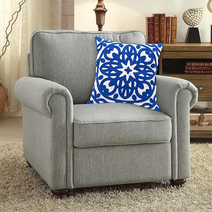 Alysheer Embroidered Decorative Throw Pillow Cover 18x18 inch, Classic Boho Mandala Chic Knit Pattern, 100% Cotton Canvas Cozy Cushion Case for Sofa Couch Living Room Bedroom(Royal Blue)