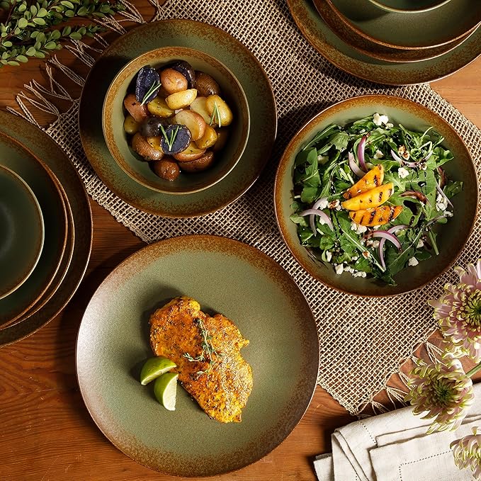 Bloomhouse - Oprah's Favorite Things - Palermo Sun Double Bowl Stoneware Reactive Glaze Plates and Bowls Dinnerware Set - Cardamom Green, Service for Four (16pcs)