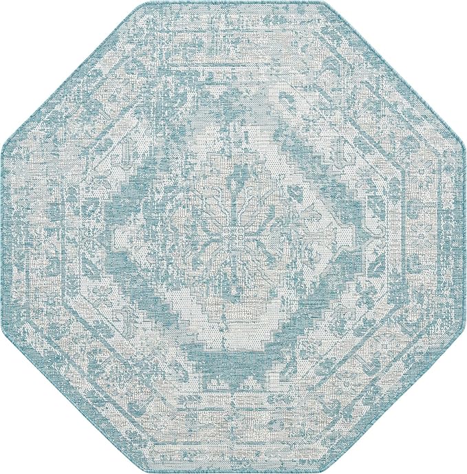 Unique Loom Outdoor Traditional Collection Area Rug - Valeria (5' 3" Octagon, Aqua/ Ivory)