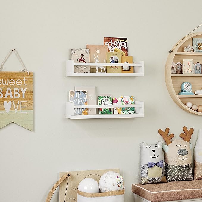 Onlysky Set of 4 Wall-Mounted Kid's Bookshelf - White Floating Nursery Book Shelves - Durable Wood Construction - Ideal for Nursery Decor, Kids Room, Toy Storage