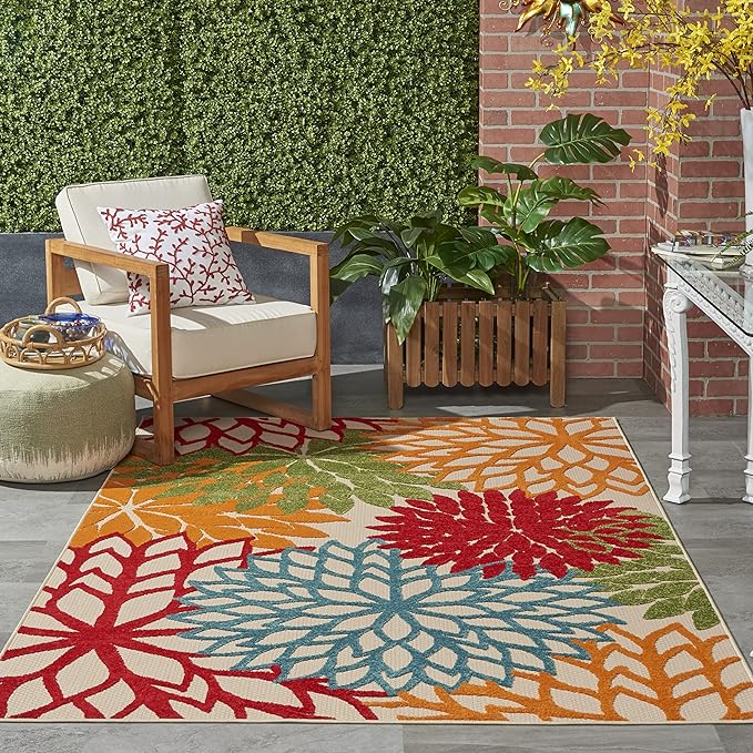 Nourison Aloha Indoor/Outdoor Green 5'3" x 7'5" Area Rug, Tropical, Botanical, Easy Clean, Non Shedding, Bed Room, Living Room, Dining Room, Deck, Backyard, Patio (5x7)
