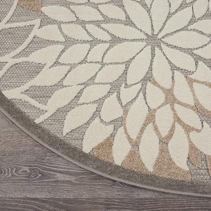 Nourison Aloha Indoor/Outdoor Area Rug 4', Natural, Round Tropical Botanical Easy -Cleaning Non Shedding Bed Room Living Room Dining Room Deck Backyard Patio
