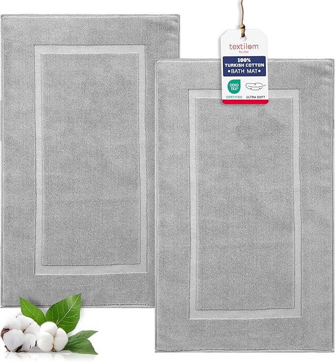 TEXTILOM Luxury 2 Pack Banded Cotton Bath Mats for Bathroom Floor [ Hotel, Spa, Tub, Shower Bath Mat Floor Towel Set ], Machine Washable & Soft & Absorbent & Quick Dry (20''x34'')- Grey