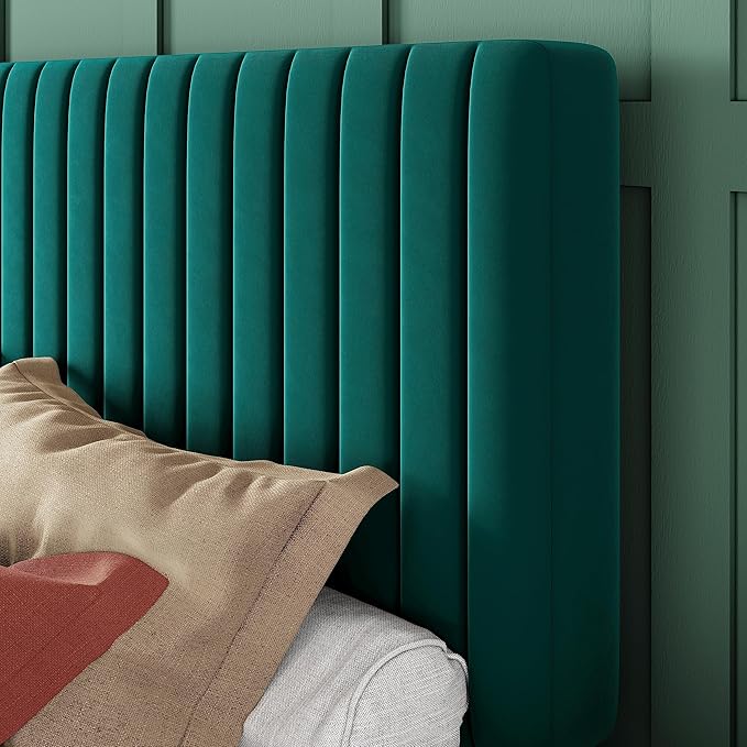 Allewie King Bed Frame, Velvet Upholstered Platform Bed with Adjustable Vertical Channel Tufted Headboard, Mattress Foundation with Strong Wooden Slats, Box Spring Optional, Easy Assembly, Teal