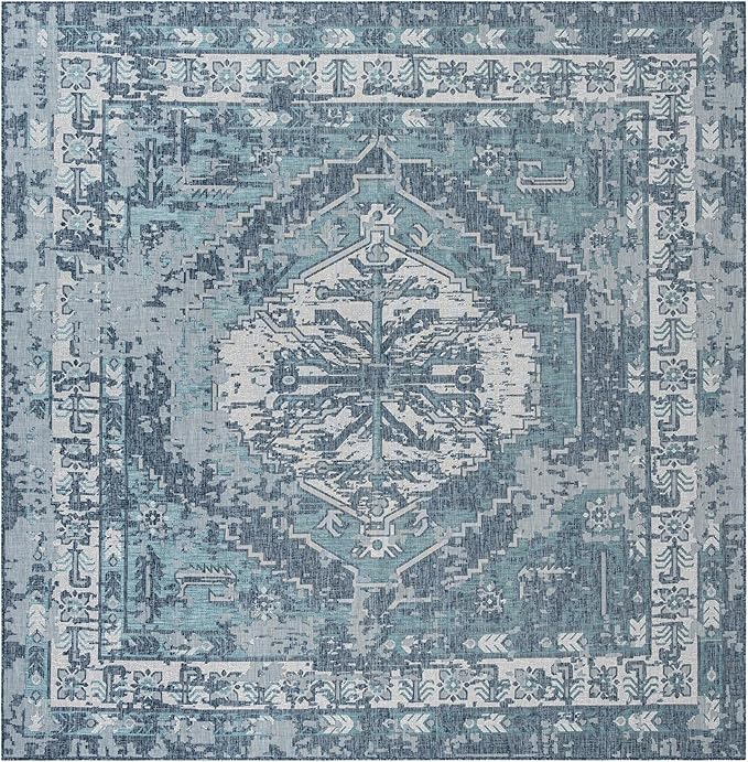 Unique Loom Outdoor Traditional Collection Area Rug - Valeria (13' Square, Blue/ Ivory)