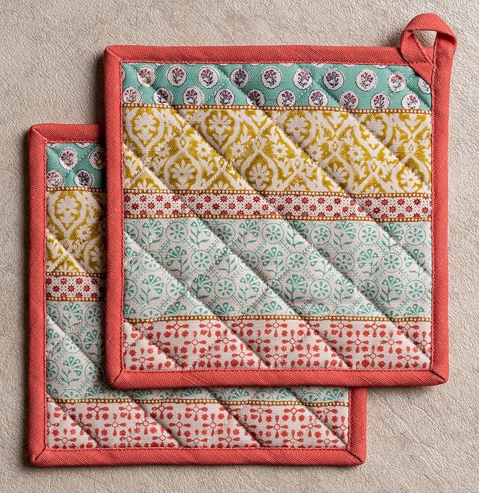 Maison d' Hermine Pot Holders 100% Cotton Heat Resistant Potholders 8" x 8" Hot Pads with Loop BBQ, Cooking, Baking, Grilling, Kitchen, Handling Hot Pans Spring/Summer (Pack of 1, Provence)