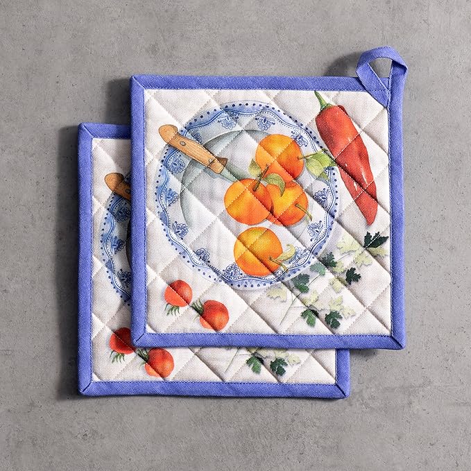Maison d' Hermine Pot Holders Set 100% Cotton Heat Resistant Potholders 8" x 8" Hot Pads with Loop BBQ, Cooking, Baking, Grilling, Kitchen, Handling Hot Pans Spring/Summer (Pack of 2, Gourmand)