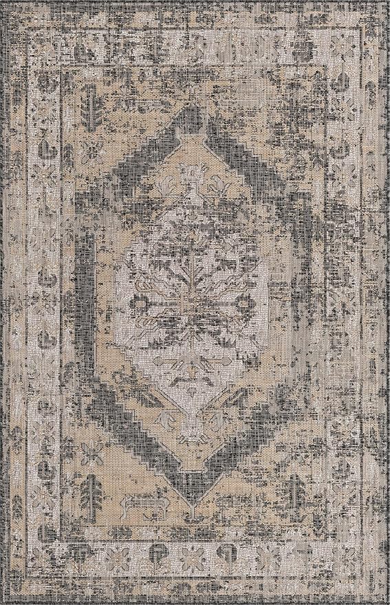 Unique Loom Outdoor Traditional Collection Area Rug - Valeria (5' 3" x 8' Rectangle, Charcoal/ Natural)