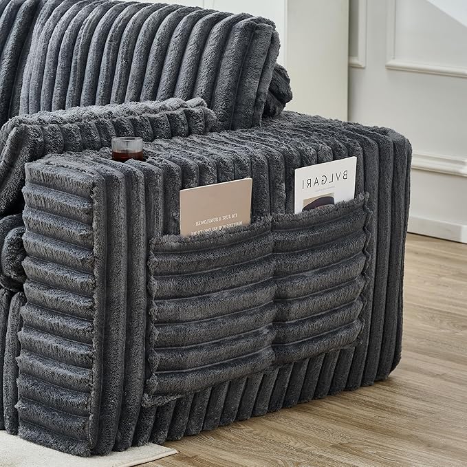 KEIKI 113'' Space-Saving Modular Sectional Sofa with Ottoman, Cloud-Like Ribbed Chenille Couch with Cup Holder & Storage Bag, Indoor Chaise Lounge Sofa Bed Alternative for Apartments & Modern Spaces