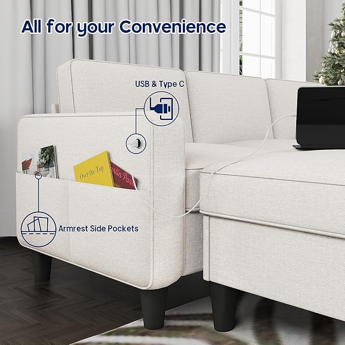Sectional Sofa Couches for Living Room - Beige 3 Seat L-Shaped Couch with Type-C Charging Port & Storage Ottoman, Comfy Linen Convertible Sectionals Sofas with Chaise for Apartment