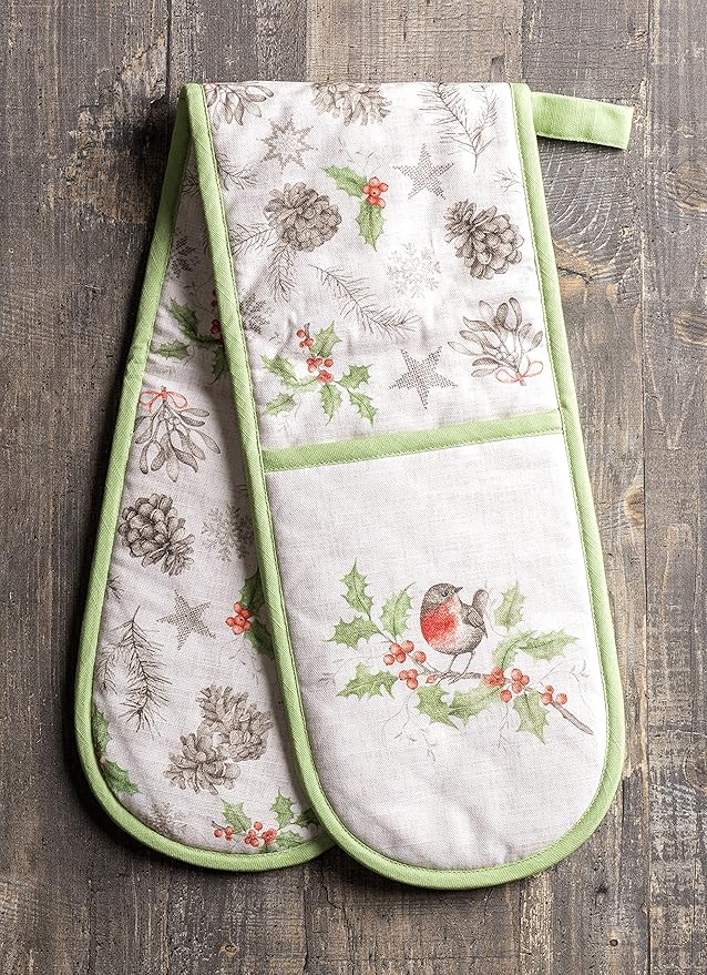 Maison d' Hermine Double Oven Mitt (7" x 35") 100% Cotton Heat Resistant BBQ Cooking Gloves with Loop for Thanksgiving Christmas Decorations Baking Cooking Barbeque Handling Hot Pan (Christmas Dew)