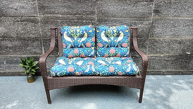 ADLIVWYD 3-Pieces Wicker Chair Cushion Set, 1 loveseat and 2 U-Shape, 44"x19" &19"x19" Tufted Outdoor Cushions for Indoor/Outdoor Patio Furniture (Blue Bird Floral)
