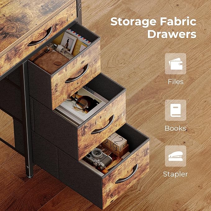 Huuger Gaming Desk with 6 Drawers, Computer Desk with LED Lights Power Outlets and Type-C, 39 Inch Office Desk with Storage, Monitor Stand, Writing Desk Work Desk Home Office, Study, Rustic Brown