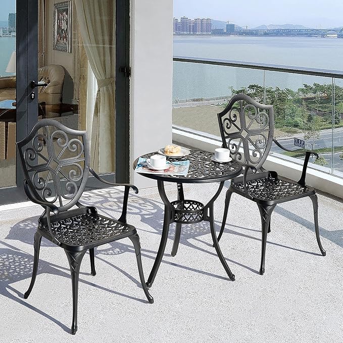 NUU GARDEN 3-Piece Outdoor Bistro Set, Round 24 Inch Cast Aluminum Bistro Table with 2.17" Umbrella Hole and 2 Cast Aluminum Bistro Chairs, for Patio, Garden, Backyard and Balcony, Black