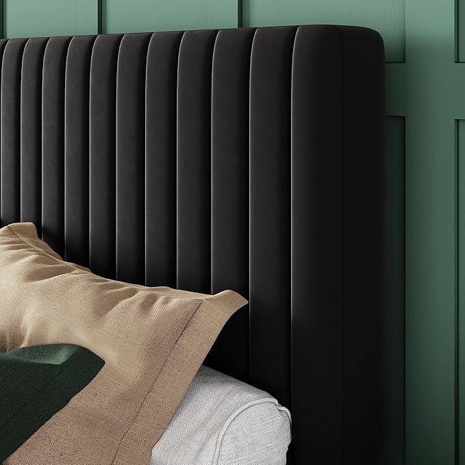 Allewie King Platform Bed Frame, Velvet Upholstered with Adjustable Vertical Channel Tufted Headboard, Mattress Foundation with Strong Wooden Slats, Box Spring Optional, Easy Assembly, Black