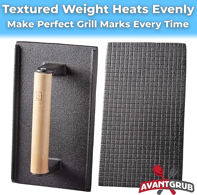 Pro Grade, Pre Seasoned Cast Iron Grill Weight 2Pk. Heavy Duty Steak and Burger Press with Wooden Handle for Grills, Griddles and Flattops. Perfect Gadget for Bacon, Paninis, Sandwiches and Vegetables