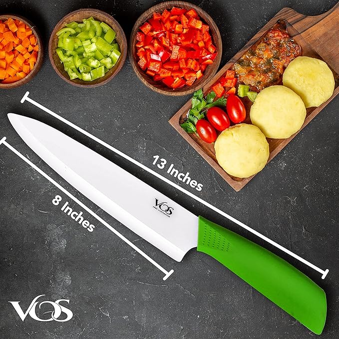 Vos Ceramic Chef Knife 8 Inch with Protection Cover – Large Ceramic Kitchen Knife for Slicing, Dicing, and Fruits – Lightweight Zirconia Blade – Luxury Gift Packaging – Ultra Sharp Chefs Knife (Green)