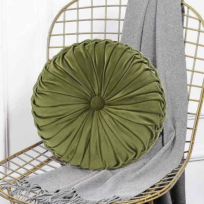 HIG Set of 2 Decorative Round Pleated Throw Pillows, Classy Accent Pumpkin Throw Pillows with Center Button, Vintage Velvet Floor Pillows for Sofa Couch Vanity Chair Bed, Olive, 14.5" Diameter(Ripple)