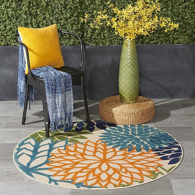 Nourison Home Aloha Indoor/Outdoor Multicolor 4' x Round Area Rug, Tropical, Botanical, Easy Cleaning, Non Shedding, Bed Room, Living Room, Dining Room, Deck, Backyard, Patio (4 Round)