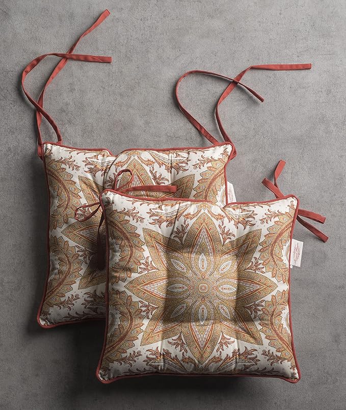 Maison d' Hermine Chair Pads for Dining Chairs Cotton Outer Fabric and Poly Filling 16"x16" Patio Seat Cushions for Furniture with Ties Home Chair Party Hall Farmhouse (Kashmir Paisley, Pack of 2)