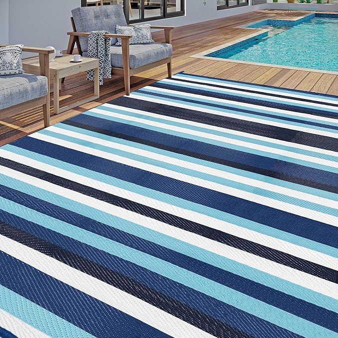 Outdoor Waterproof Rug 9'x12' Plastic Straw Rugs Washable Reversible Floor Mat Blue Stripe Carpet for Camping RV Deck Entryance Porch Picnic Balcony Beach Backyard