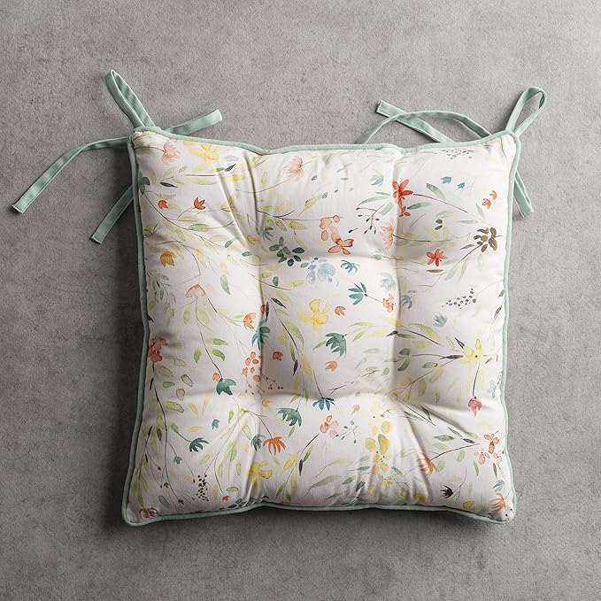 Maison d' Hermine Chair Pads for Dining Chairs Cotton Outer Fabric and Poly Filling 16"x16" Patio Seat Cushions for Furniture with Ties Home Chair Party Hall Farmhouse (Colmar, Pack of 2)