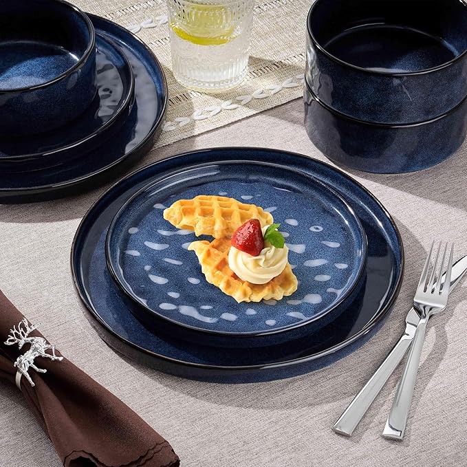 Herogo 12 Pieces Dinnerware Sets, Plates and Bowls Sets Service for 4, Modern Stoneware Dinning Dishes, Dishwasher & Microwave Safe, Starry Blue