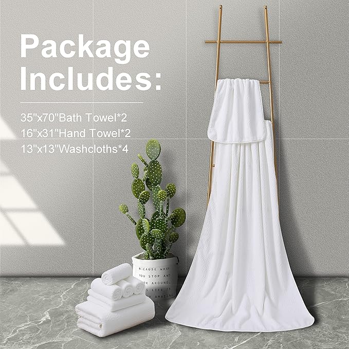 Ultra Soft 8 Piece Textured Bath Towel Set for Bathroom Shower Pool, Kitchen, Quick Dry, Lightweight Highly Absorbent - 2 Oversized Bath Towel Sheets, 2 Hand Towels, 4 Washcloths - White