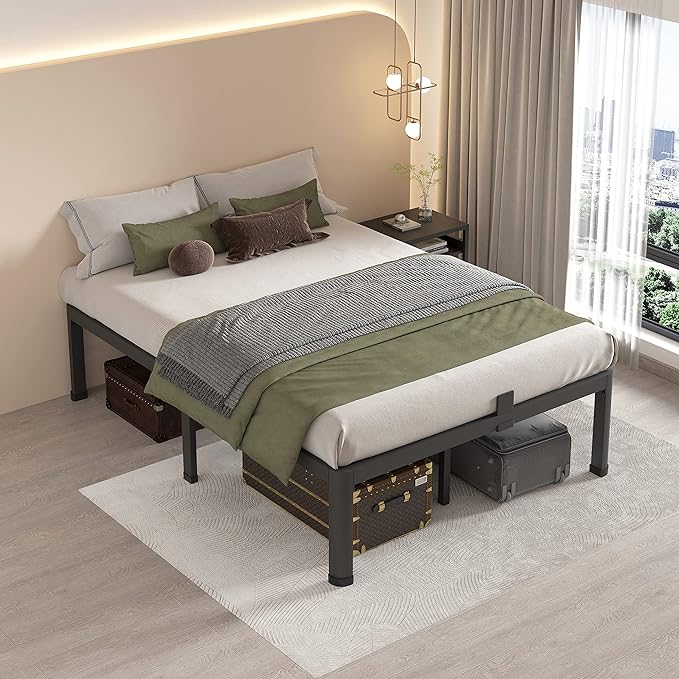 MAF 18 Inch Queen Bed Frames with Round Corner Legs Mattress Slide Stopper No Box Spring Needed Heavy Duty Metal Platform Bed Frame Under-Bed Storage Space, 3000 LBS Steel Slats Support