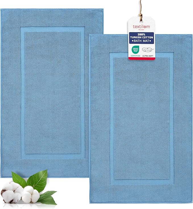 TEXTILOM Luxury 2 Pack Banded Cotton Bath Mats for Bathroom Floor [ Hotel, Spa, Tub, Shower Bath Mat Floor Towel Set ], Machine Washable & Soft & Absorbent & Quick Dry (20''x34'')- Blue