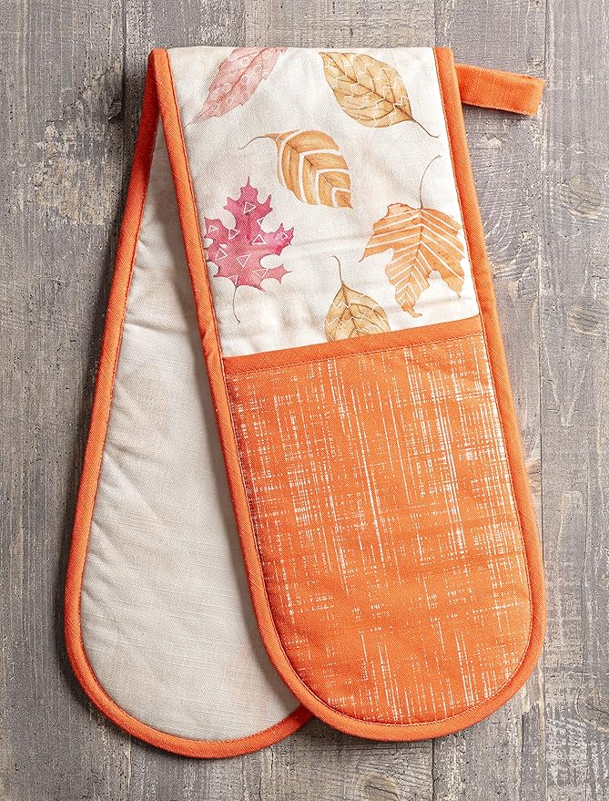 Maison d' Hermine Double Oven Mitt (7" x 35") 100% Cotton Heat Resistant BBQ Cooking Gloves with Loop for Thanksgiving Christmas Decorations Baking Cooking Handling Hot Pan (Colours of Autumn)