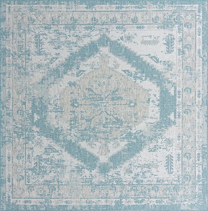 Unique Loom Outdoor Traditional Collection Area Rug - Valeria (10' Square, Aqua/ Ivory)