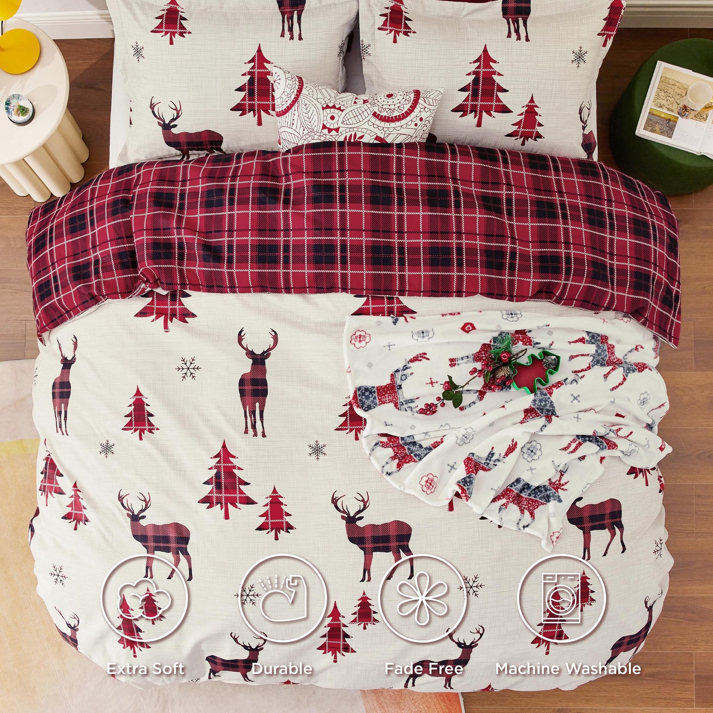 Bedsure Christmas Duvet Cover Queen - Christmas Bedding Set, Reversible Buffalo Check Printed Plaid Duvet Cover, 3 Pieces Bedding Set with 2 Pillow Shams (Queen, Reindeer)