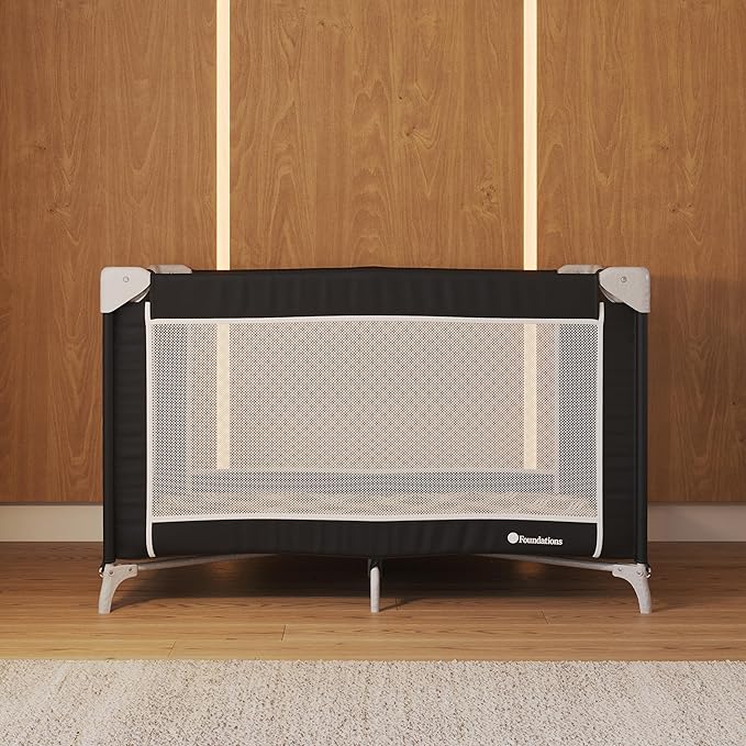 Foundations Sleep 'N Store Baby Pack and Play Yard - Portable Playpen for Toddlers, Foldable Travel Playpen with Storage Bag & Foam Mattress, Durable Design for Hotels & Daycares - Graphite