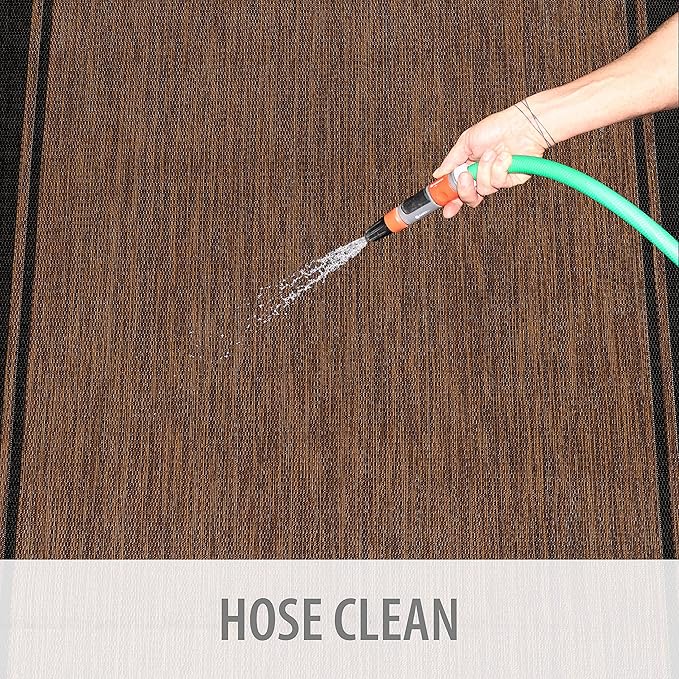 CAMILSON Indoor Outdoor Rug, 10x14 Bordered Nut Brown Black Modern Area Rugs for Indoor and Outdoor Patios, Kitchen and Hallway Mats, Washable Porch Deck Outside Carpet (Border Nut Brown Black 10 x14)