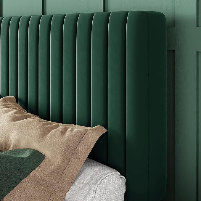 Allewie Queen Bed Frame, Velvet Upholstered Platform Bed with Adjustable Vertical Channel Tufted Headboard, Mattress Foundation with Strong Wooden Slats, Box Spring Optional, Easy Assembly, Green