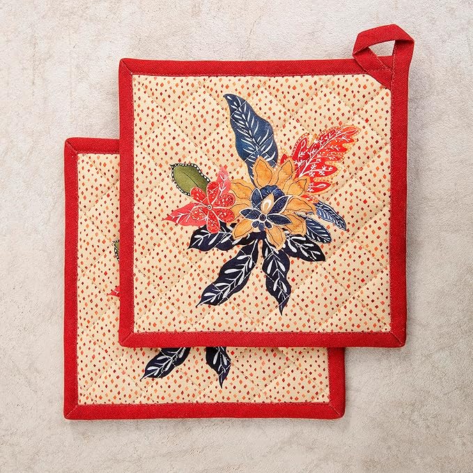 Maison d' Hermine Pot Holders Set 100% Cotton Heat Resistant Potholders 8" x 8" Hot Pads with Loop for Thanksgiving Christmas Decorations BBQ Cooking Baking Handling Hot Pans (Pack of 2, Kalahari)