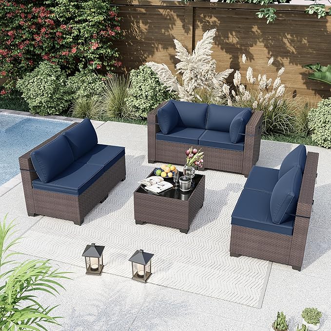 Kurapika 7 Pieces Patio Furniture Set, Rattan Wicker Outdoor Conversation Sets w/4 Inch Cushion and Glass Coffee Table(Navy Blue)
