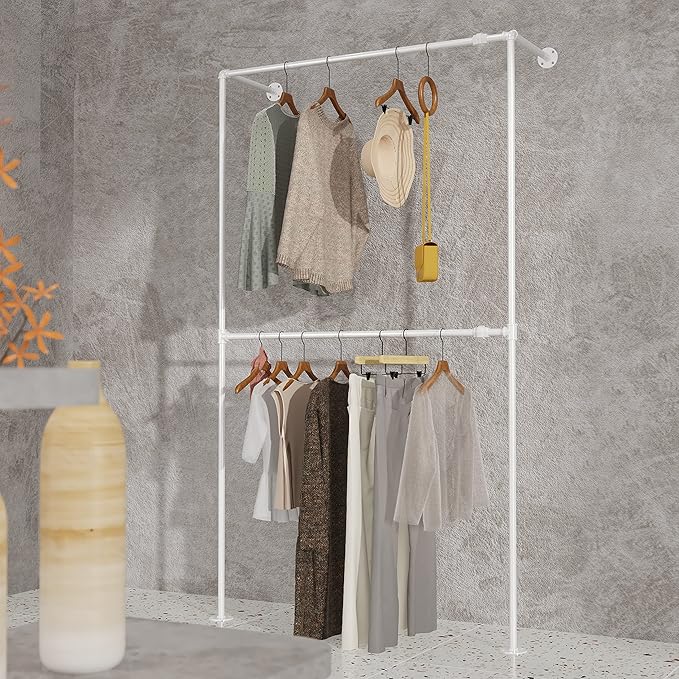 Industrial Pipe White Clothing Racks Wall Mounted, Industrial Clothes Racks for Hanging Clothes, Vintage Retail Garment Rack Display Rack