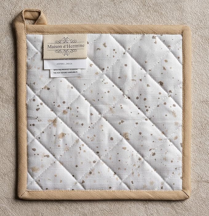 Maison d' Hermine Pot Holders Set 100% Cotton Heat Resistant Potholders 8" x 8" Hot Pads with Loop BBQ, Cooking, Grilling, Kitchen, Handling Hot Pans Spring/Summer (Pack of 2, Meadow Florals - Beige)