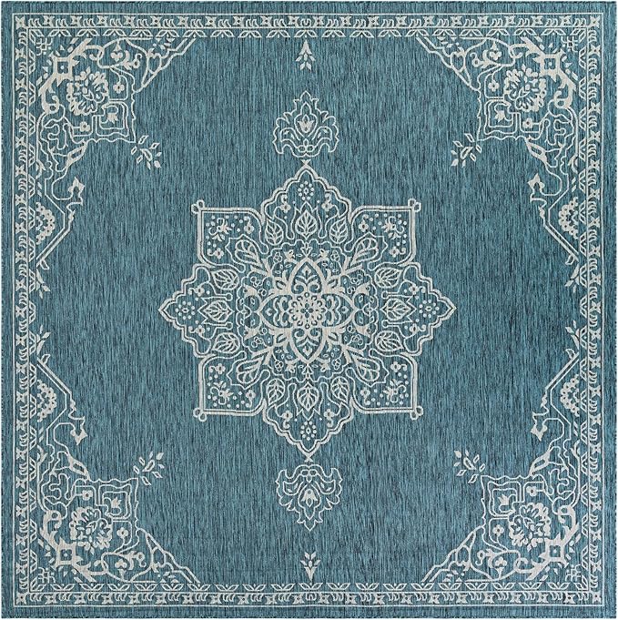 Unique Loom Outdoor Traditional Collection Area Rug - Antique (10' Square Teal/Ivory)