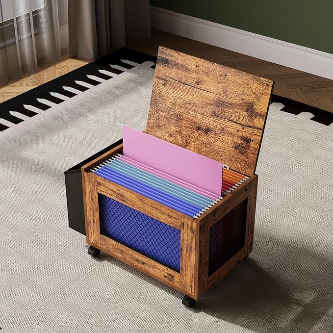 Rolling File Cabinet Cart,Under Desk Small Filing Cabine,Hanging File Organizer Box with Lid,Side Pocket for Letter/Legal Size, Wood Mobile Document Storage Basket for Home Office (Rustic Brown)