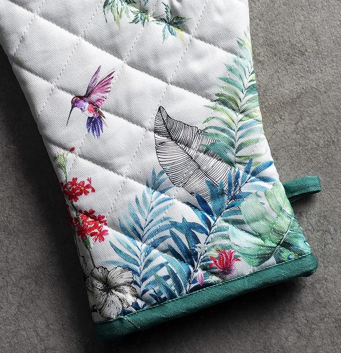 Maison d' Hermine 100% Cotton Oven Mitt & Pot Holder Set (7.5"x13" & 8"x8") Heat Resistant BBQ Cooking Gloves with Loop, Baking, Grilling, Kitchen, Handling Hot Pans Spring/Summer (Tropiques)